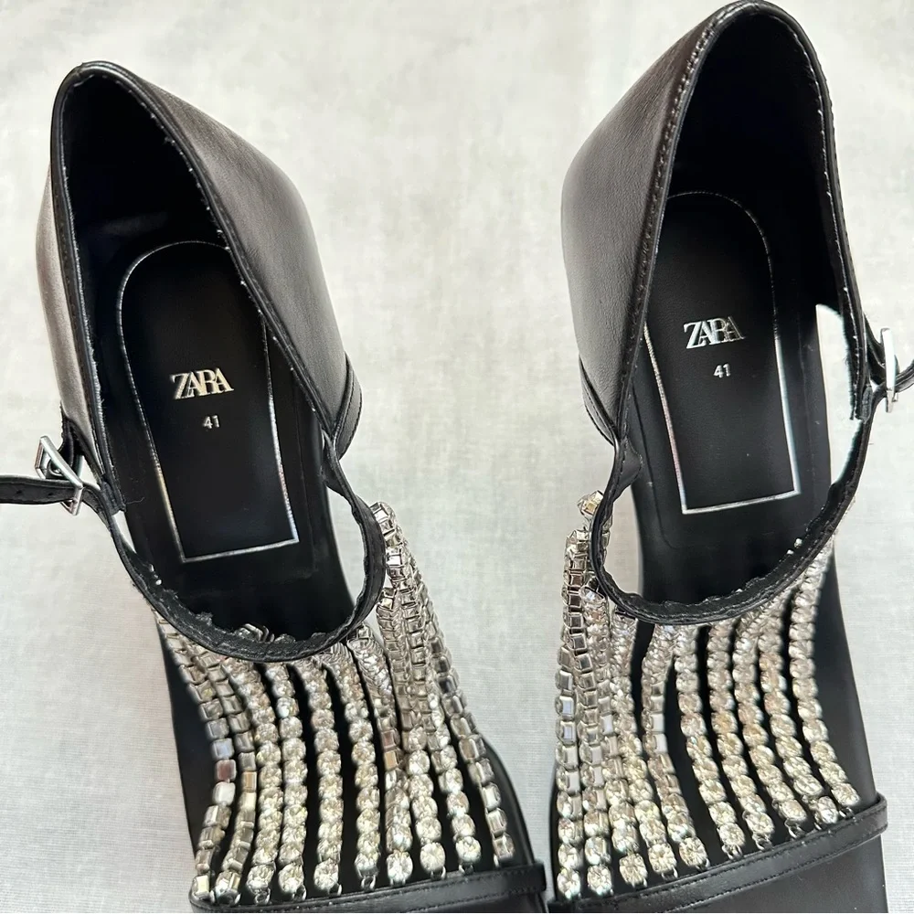 New Zara $129 Rhinestone Square Toe Black Sandals 1343/610 Size 10 RARE - Picture 8 of 16